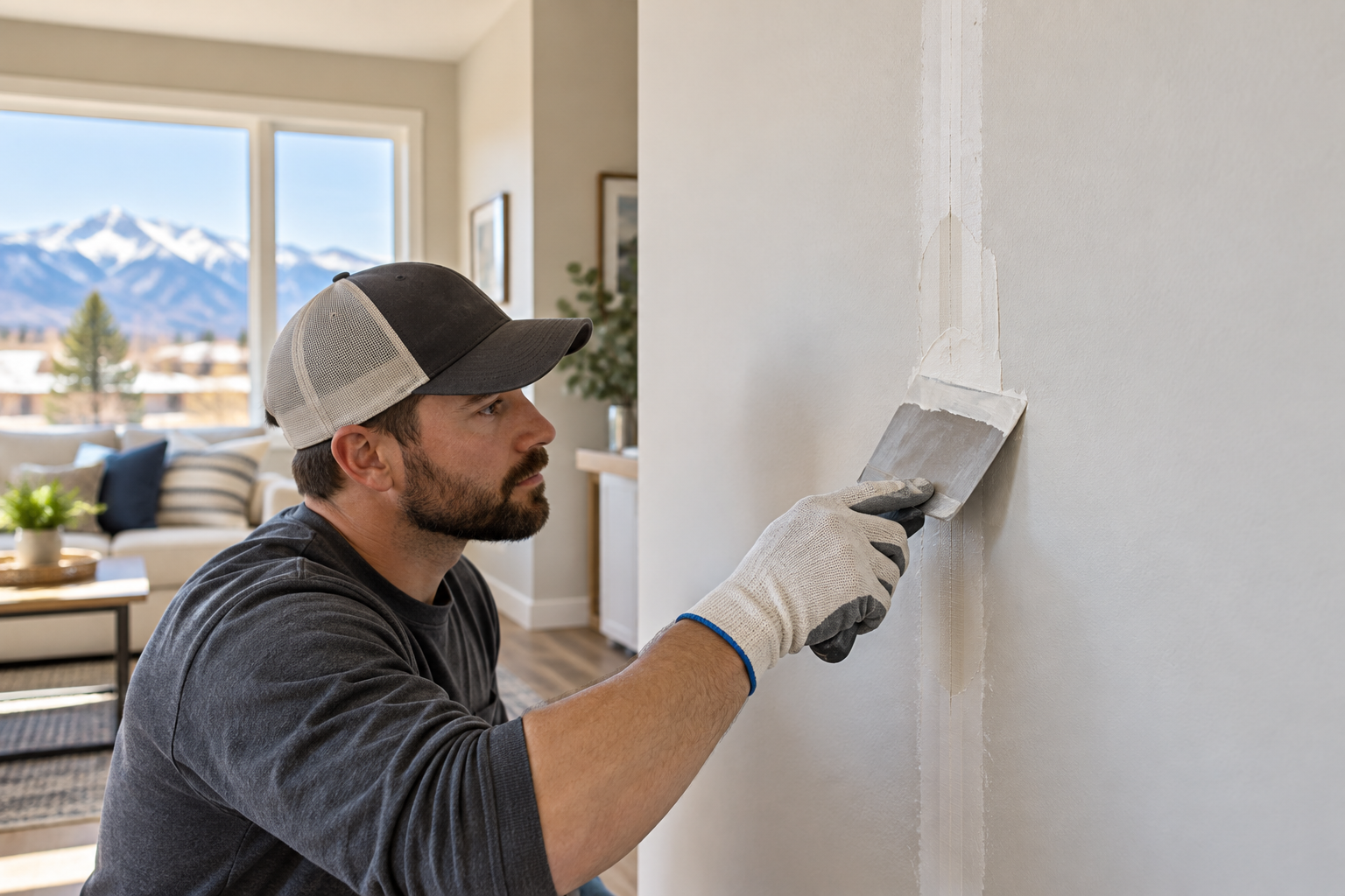 Drywall specialist repairing a visible wall crack